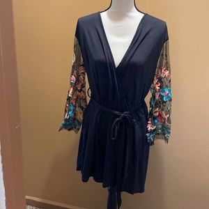 Shein Curve black romper sheer appliqué big sleeves wrap front belted sz 1XL